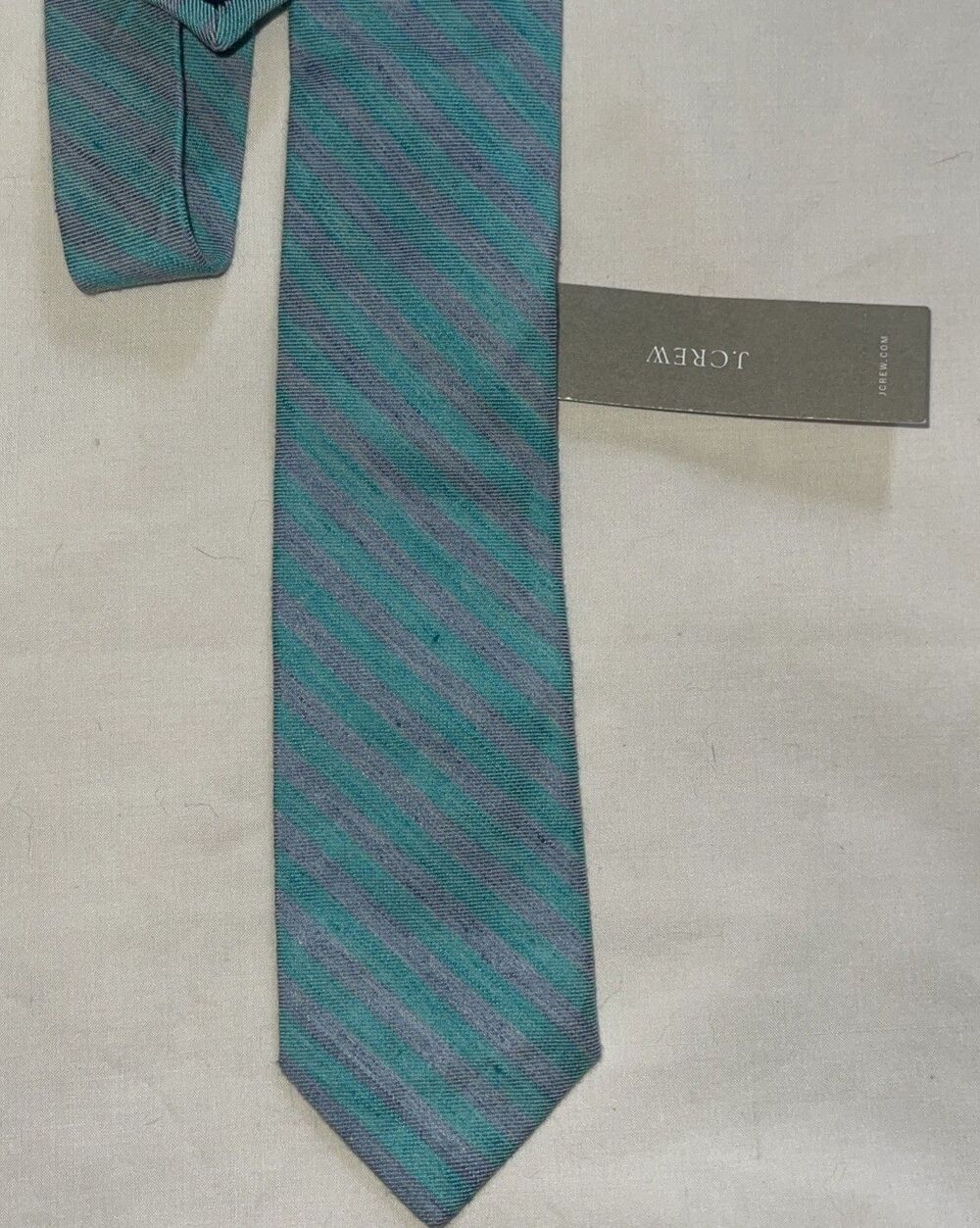 NEW Linen Cotton J CREW Harlen Stripe Neck Tie $59.50 Grey Aqua Summer NWT